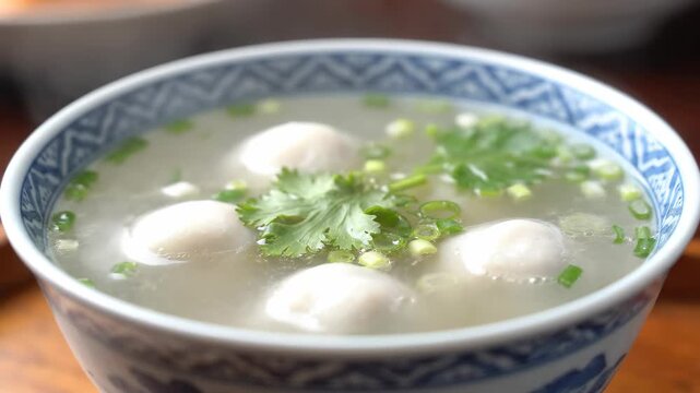 Close-up of round soup in a bowl, close-up of fish balls in clear soup