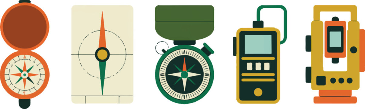 Assortment of navigational tools including compasses and surveying equipment in vintage style.