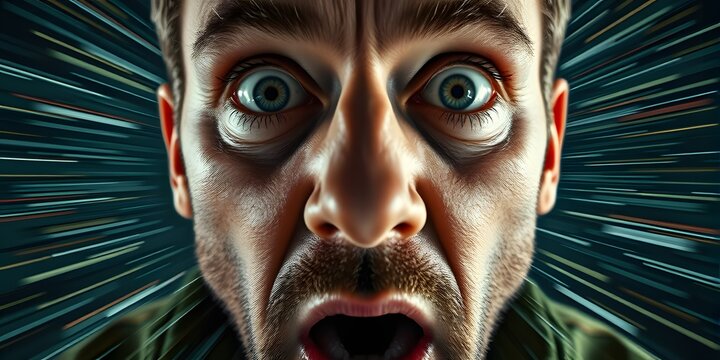 Extreme close-up of a man with a shocked and bewildered reaction, featuring wide eyes, surprised expression, and dramatic radial blur for viral meme content.
