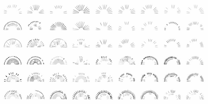 Collection of fifty sunburst ray patterns in a linear style set against a white background