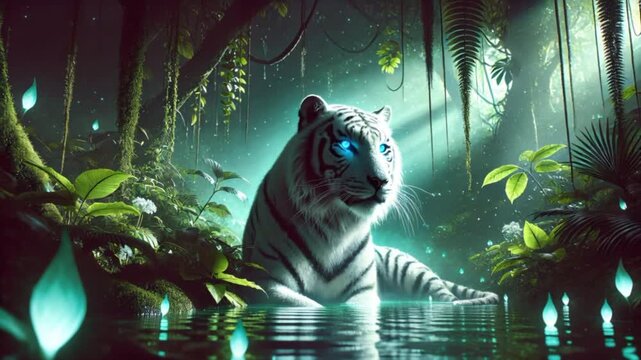 Video of white tiger with luminous blue eyes partially submerged in water, surrounded by lush jungle scenery and a mystical fantasy mood.