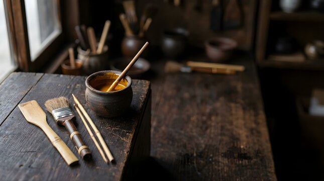 Gold lacquer and artisan tools on rustic wooden table in pottery studio