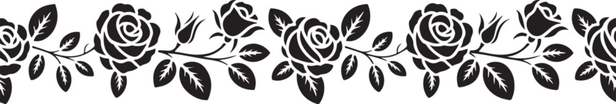Continuous border pattern of blooming roses and leaves in black silhouette style set on light grey checkered grid background.