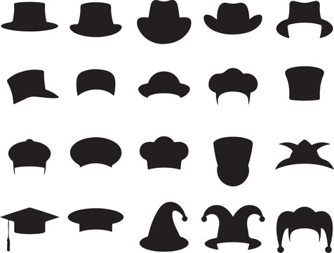 Collection of various hats silhouettes on transparent background, headwear for different professions and occasions.