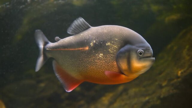 Red Bellied Piranha Fish Swimming Underwater in Dark River