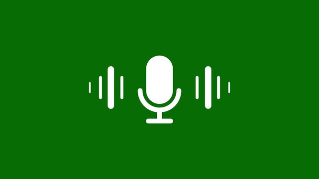 AI voice recording microphone button animation, audio microphone icon with sound wave visualization on green background, voice assistant and sound wave, microphone voice assistant digital audio. 4k