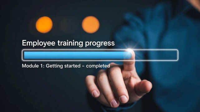 Employee training progress concept with hand interacting with digital interface on dark background