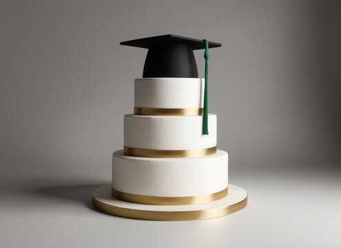Elegant white tiered graduation cake topped with a black mortarboard cap and gold accents.