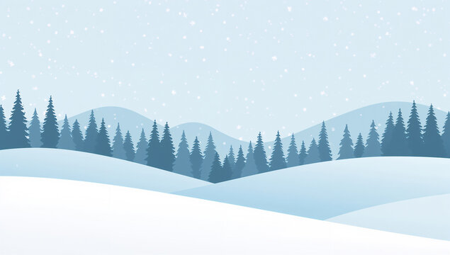 Serene winter landscape with snow falling gently over rolling hills and pine trees