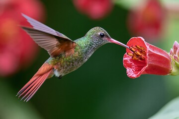 Fototapeta premium The Hummingbird Drinking Nectar From Red Tubular Flower in Flight