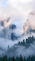 Fototapeta premium Misty Mountain Valley with Forest and Dramatic Cliffs