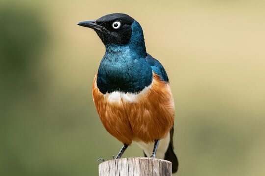The iridescent sunbird perched on a weathered wooden post in nature