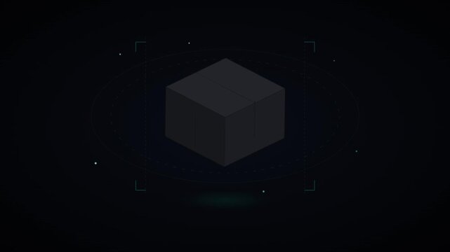 Futuristic HUD scanning 3D package box with green holographic laser lines on dark background.