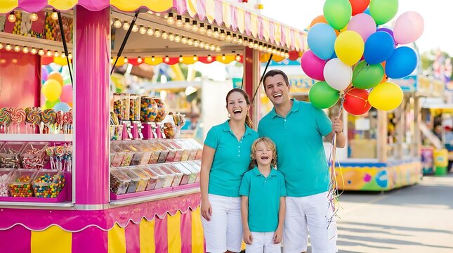 joyful family poses for photo with vibrant candy stall and balloons at carnival laughing with excitement under sunny skies celebrating special occasion together.