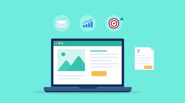 Modern flat vector animation featuring a laptop dashboard with email, analytics, and target icons. Ideal for email marketing, campaign performance tracking, audience engagement, and digital business c