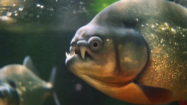 Close up of a piranha swimming in deep murky underwater environment