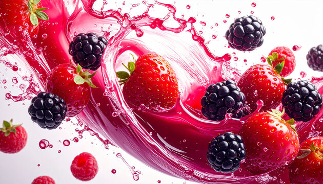 dynamic vortex splash of mixed berry juice%E2%80%94strawberries  raspberries