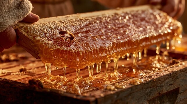 Beekeeper holds a wooden frame filled with fresh organic golden honeycombs while a busy honey bee crawls across the surface