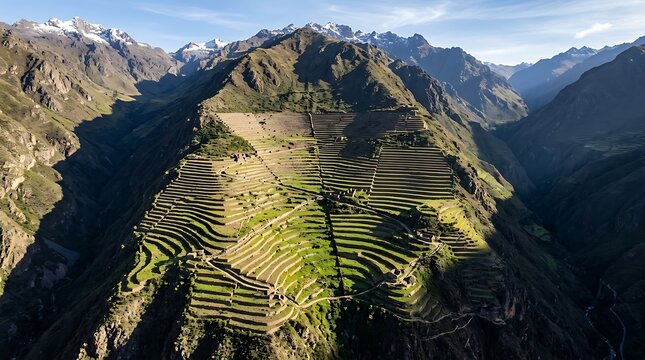 Ancient agricultural terraces on a mountain slope in the andes