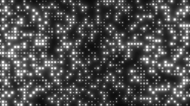 Shimmering Monochrome Square Pixels with Flashing White Led Lights on Dark Digital Tech Grid Pattern 4k video