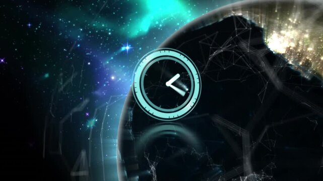 Futuristic Digital World Map Grid Loop with Ticking Clock Concept