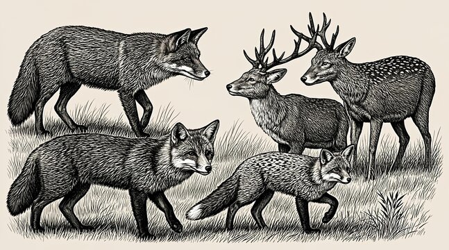 Vintage scientific illustration of diverse mongoose species in antique lithograph style