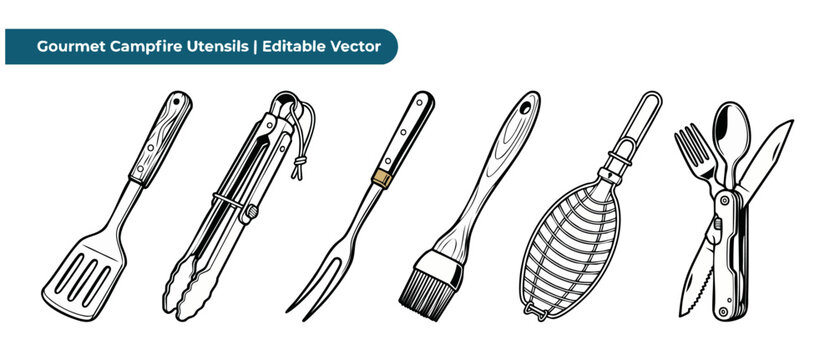 Campfire cooking utensils vector set of barbecue tools and camping kitchen gear including spatula, tongs, fork, basting brush, grilling basket, and multitool cutlery for outdoor picnic design arts.