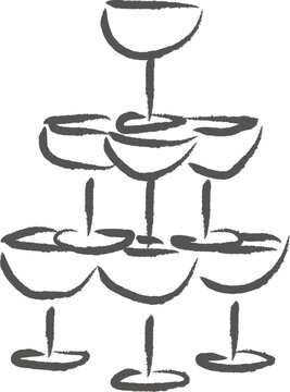 Hand drawn champagne tower pyramid outline isolated on white background. A whimsical line art illustration for wedding toasts, receptions, New Year's Eve, and celebratory parties. Vector illustration.