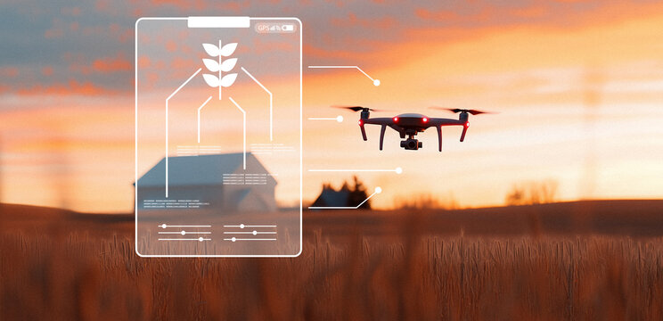 Smart farm drone flying over crops at sunset with data display on screen