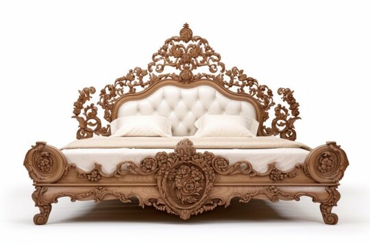 Elaborate baroque style wooden bed featuring a tufted upholstered headboard and intricate carvings