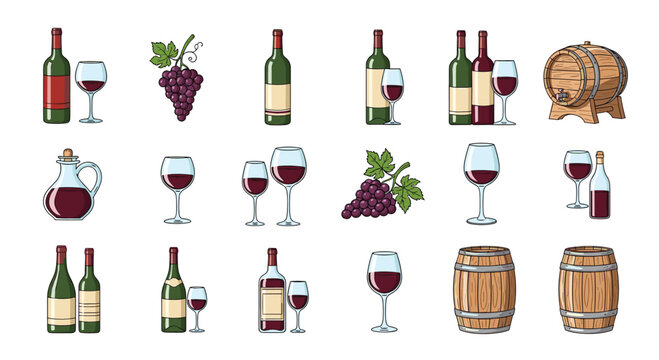 Set of wine themed illustrations featuring red wine bottles, elegant glasses, fresh grape bunches, and classic wooden storage aging barrels.