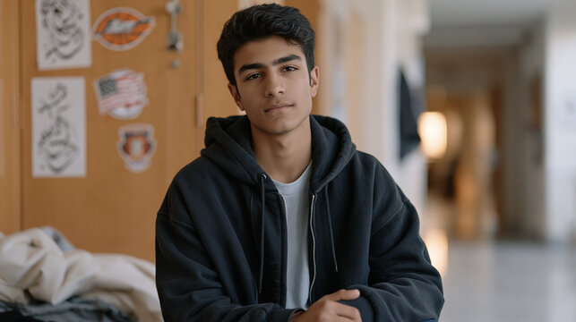 Second-generation Iranian American teenager in a school hallway navigates being called by an anglicized version of his name, his locker decorated with both Persian calligraphy