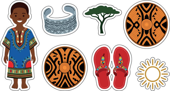 African Culture and Travel Sticker Set with Boy in Dashiki Dress Tribal Shields Silver Bracelet Sandals Acacia Tree and Sun Vector Elements