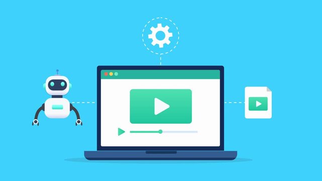 Modern flat vector animation featuring an AI assistant beside a laptop displaying a video player interface. Ideal for media streaming, video content management, digital entertainment, and automation c