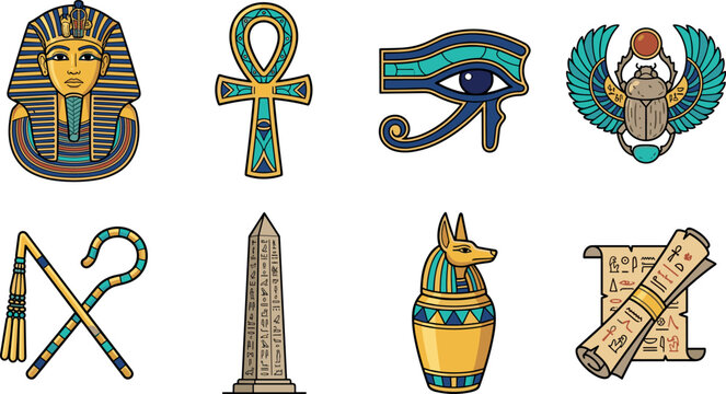Ancient Egyptian Culture and History Vector Set Featuring Pharaoh Mask Ankh Eye of Horus Scarab Obelisk and Hieroglyphic Papyrus Graphic Elements