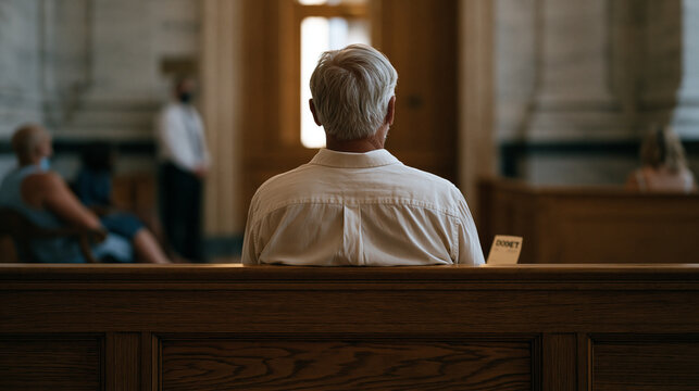 A man in a collared shirt sits alone on a wooden bench in a court anteroom, a numbered docket ticket in his hand, other individuals seated far apart, a bailiff standing near a
