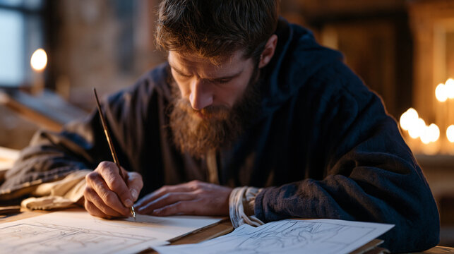 Iconographer monk applying egg tempera to prepared gessoed wooden panel in candlelit scriptorium, reference sketches pinned nearby, hands steady with fine sable brush,