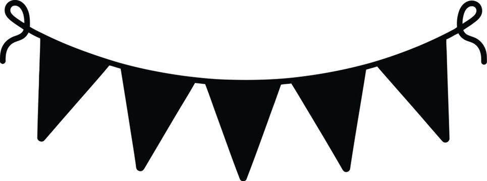 Black silhouette of a hanging bunting banner with five triangular flags suspended on a curved string isolated on a white background