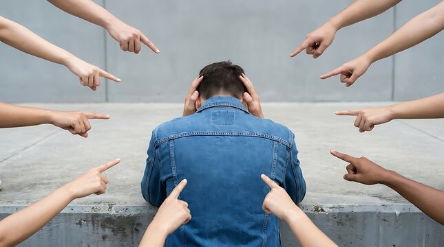 Sad man sitting alone on stairs, head in hands, surrounded by pointing fingers, feeling isolated, facing judgment, public shame, emotional distress, depression, social exclusion.
