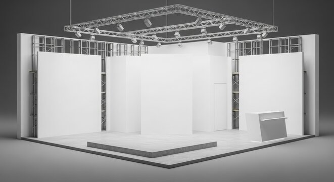 Modern empty white exhibition stand with truss lighting structure and reception desk, ready for trade show display.