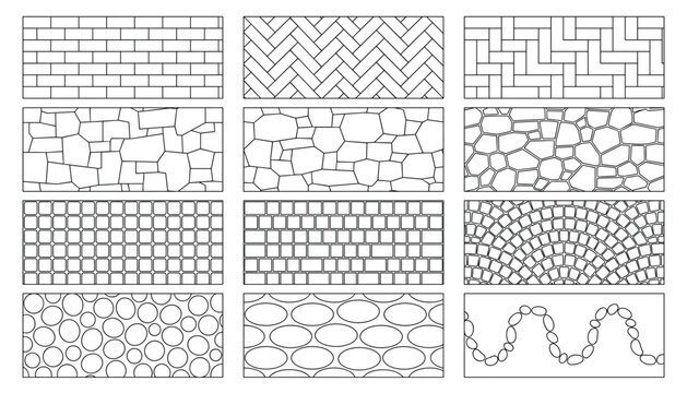 Vector set of landscape architecture patterns for ground textures including stones pavers and bricks on transparent background.
