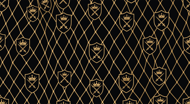 Repeating pattern of golden shields with crossed swords and royal crowns over a diagonal grid on a black background for a heraldic theme.