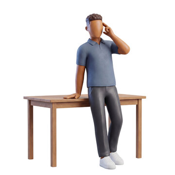 3D Claymorphism Faceless Male Remote Worker Standing Desk Hand To Temple Focused Deliberation Thinking White Background