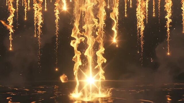 Bright golden flames falling down into a dark liquid surface