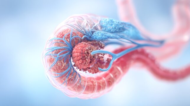 Detailed microscopic visualization depicts abnormal tissue growth invading surrounding biological structures