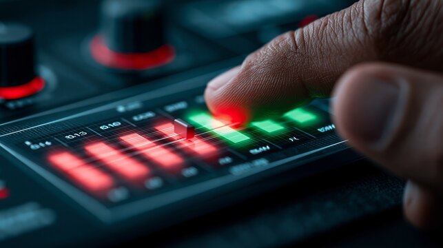 Finger adjusting a glowing fader on a professional audio mixing console with vibrant red and green digital led light indicators