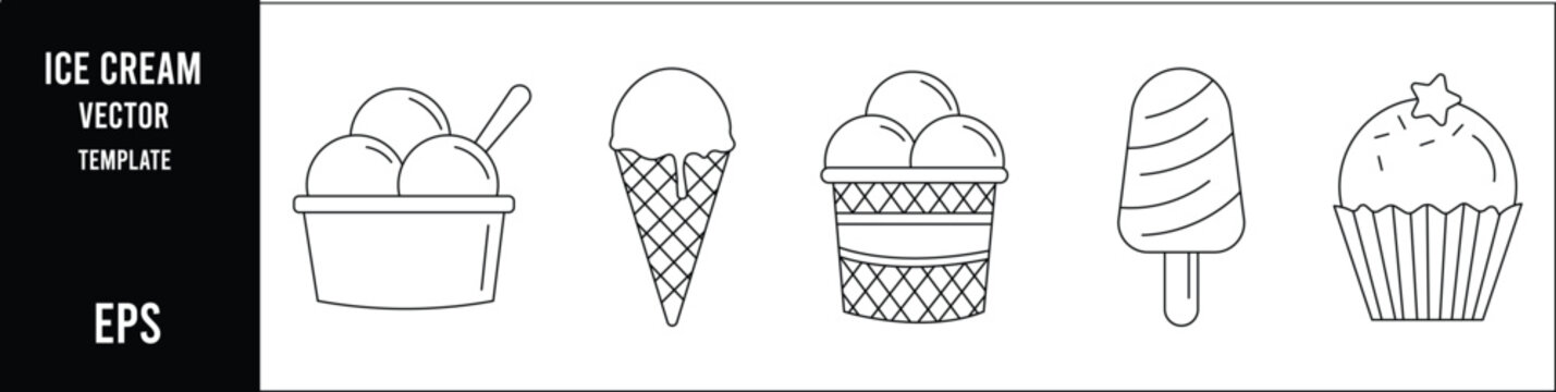 Minimal black and white ice cream icon set vector template featuring clean outline symbols modern monoline geometric editable stroke design collection