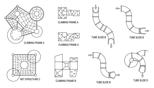 Playground equipment elements climbing frames tube slides net structures vector drawing transparent background.