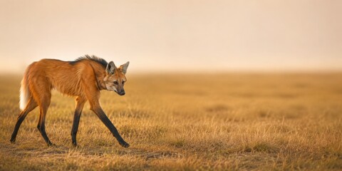 Maned Wolf Walking Through Open Grassland With Banner Space © Robert Anto