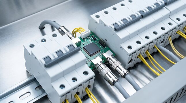 Detailed view of industrial control electronics with central chip and wiring setup mounted within metallic electrical switchgear cabinet for efficient power grid management tools.